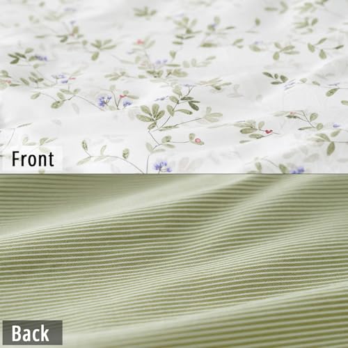 LEMIROE Botanical Cotton Comforter Queen Size - Tender Green Comforter Printed with Leafy Branches & Purple Stamens on Off-White,Reversible Lightweight Bedding Sets 3Pcs LEMIROE