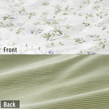 LEMIROE Botanical Cotton Comforter Queen Size - Tender Green Comforter Printed with Leafy Branches & Purple Stamens on Off-White,Reversible Lightweight Bedding Sets 3Pcs LEMIROE