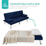 Best Choice Products Linen Modern Folding Futon, Reclining Sofa Bed for Apartment, Dorm w/Removable Armrests, 2 Cupholders - Dark Blue Best Choice Products