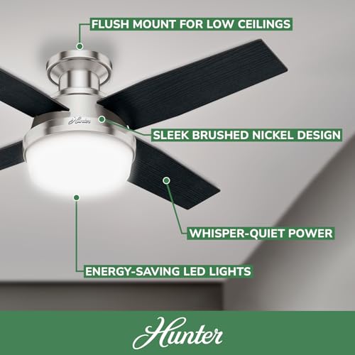 Hunter Fan Dempsey Low Profile Ceiling Fans with Lights and Remote, Flush Mount Ceiling Fan with Lights, Metal, Brushed Nickel Finish, 44 Inch LED Hunter