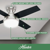 Hunter Fan Dempsey Low Profile Ceiling Fans with Lights and Remote, Flush Mount Ceiling Fan with Lights, Metal, Brushed Nickel Finish, 44 Inch LED Hunter