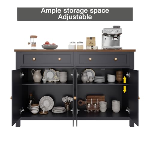 Cakhdry 55" Sideboard Buffet Cabinet with Storage, Large Kitchen Storage Cabinet with 2 Drawers and 4 Barn Doors, Farmhouse Coffee Bar Buffet Table for Kitchen Living Room Room, Black Cakhdry