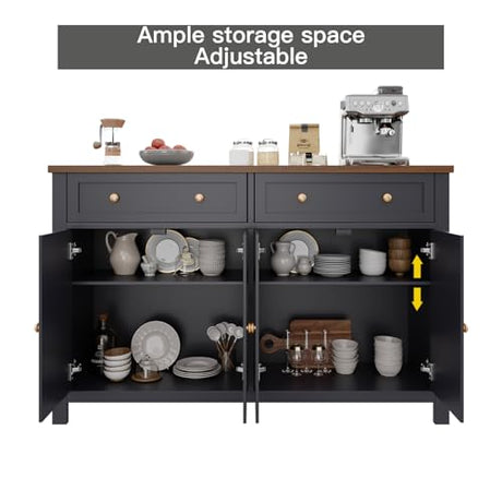 Cakhdry 55" Sideboard Buffet Cabinet with Storage, Large Kitchen Storage Cabinet with 2 Drawers and 4 Barn Doors, Farmhouse Coffee Bar Buffet Table for Kitchen Living Room Room, Black Cakhdry