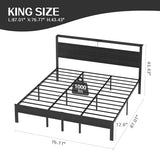 King Size Bed Frame with LED Lights and Charging Station, King Size Platform Bed with Metal Slats and Wood Headboard, No Box Spring Needed，Black Liians