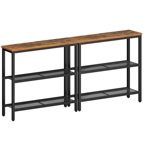 HOOBRO 29.5" Narrow Console Table, Set of 2, Entryway Table with Shelves, Thin Sofa Table, Behind Couch Table, Display Side Table, for Hallway, Entrance, Living Room, Rustic Brown and Black BF73XGP201 HOOBRO