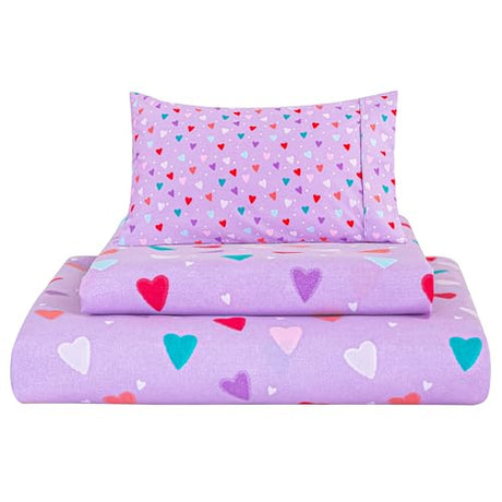 Viviland 4 Pieces Girls Purple Full Sheet Set - Soft Microfiber Fitted Flat Sheets & Pillowcases - Colorful Hearts Printed Bedding Sets - for Kids & Toddlers Viviland