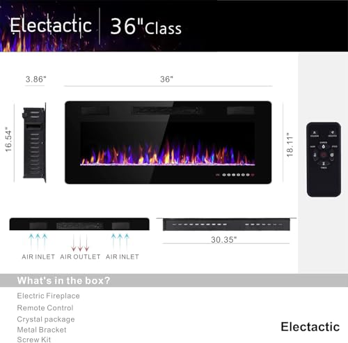 Electactic 36 Inch Electric Fireplace Insert Ultra-Thin - Recessed & Wall-Mounted Fireplace Heater with Thermostat, Adjustable Flame, Remote Control - Linear with Timer, Touch Screen, 750/1500W Electactic