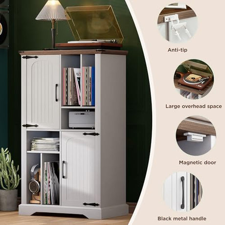 Maupvit Record Player Stand with Vinyl Storage Cabinet, 47" Wood Turntable Table Open and Closed Shelf Holder, 400+ Albums Cube Storage Organizer for Living Room, Office,White Maupvit