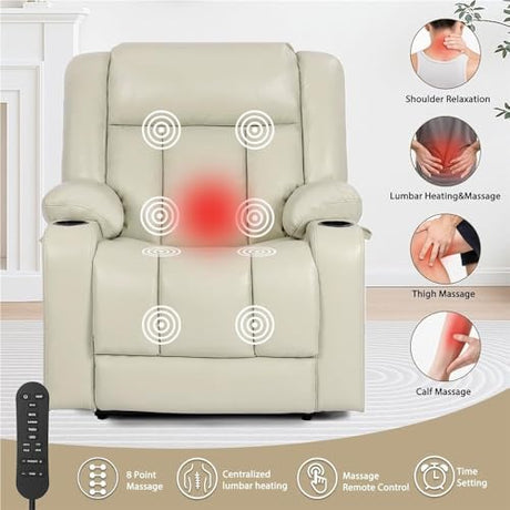 Dual Motor Oversized Power Lift Recliner Chair for Elderly Heavy Duty Faux Leather Lay Flat Massage Heated Big and Tall Reclining Seat with Cup Holders Cream White Adjustable Lounge Sofa Comfortable UOPYNE