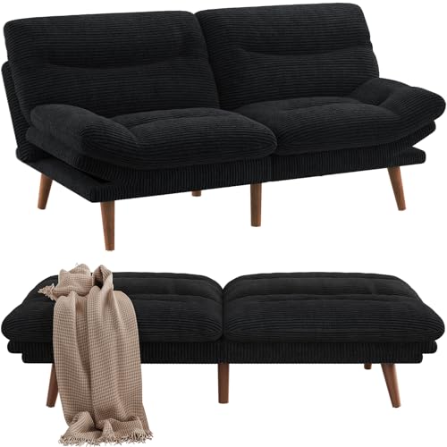 Pipishell Futon Sofa Bed, Modern 66" Futon Couch Convertible to Bed & Lounger, Compact Size, Corduroy Loveseat, Durable Construction - Fits Small Spaces, Apartments,Study Room(Ink Black, 66 Inch) Pipishell
