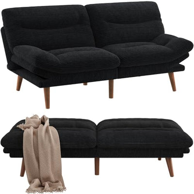 Pipishell Futon Sofa Bed, Modern 66" Futon Couch Convertible to Bed & Lounger, Compact Size, Corduroy Loveseat, Durable Construction - Fits Small Spaces, Apartments,Study Room(Ink Black, 66 Inch)