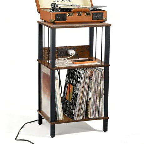 DGSANDGO Retro Record Player Stand with 100-Album Storage - Adjustable Height Turntable Stand, Compact Wooden Vinyl Shelf for Small Apartment/Living Room, Vintage Brown Mid-Century Style DGSANDGO