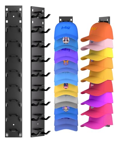 2 Pack Hat Organizer for Baseball Caps, Strong Adhesive Hat Rack for Wall, Multilayer Hat Storage Display Holder, Wall Mounted Hat Hooks Hold up to 18 Hats for Closet Door and Bedroom (Black) Eanyiikick