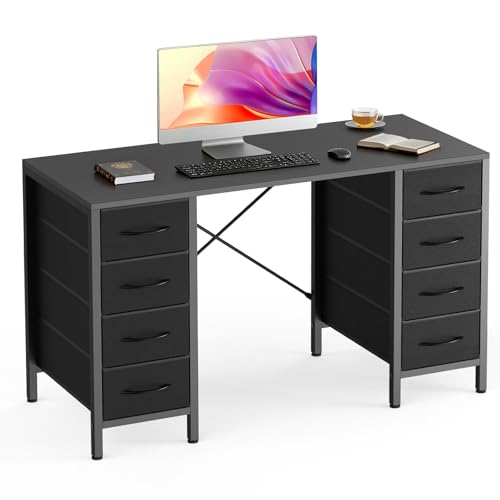 DUMOS 47 Inch Computer Desk with 8 Fabric Drawers, Office Gaming Desk with Storage, Writing Study Table with X-Shaped Reinforced Structure, Black DUMOS