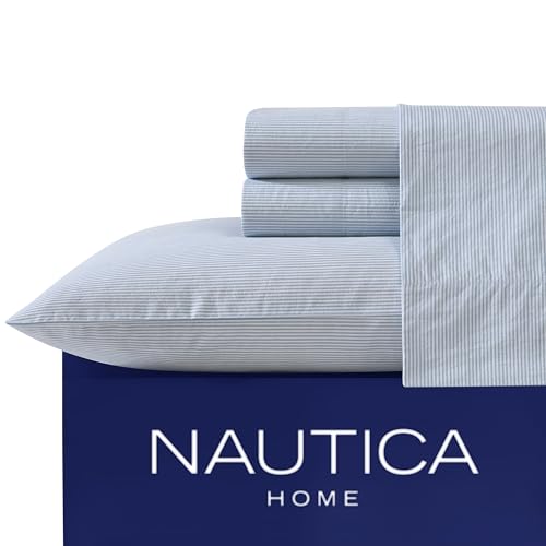 Nautica - Twin XL Sheet Set, Cotton Percale Bedding Set, Crisp & Cool, Lightweight & Breathable (Penny Pinstripe Blue, Twin XL) Nautica