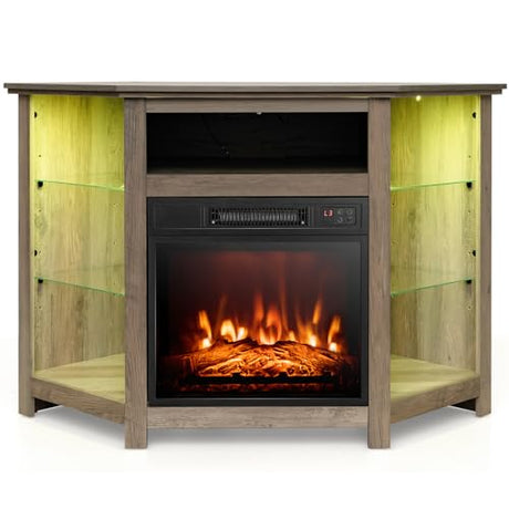 Tangkula Fireplace Corner TV Stand with LED Lights & Smart APP Control for 50 Inches TV, Entertainment Center with Adjustable Glass Shelves, 18” Electric Fireplace, Remote Control, Thermostat Tangkula
