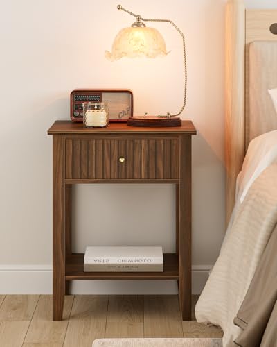 Apetaccat Fluted Nightstand, Farmhouse Night Stand with 1 Drawers, Mid Century Modern Side Accent Table,Bedside End Table for Bedroom, Living Room, Brown Apetaccat