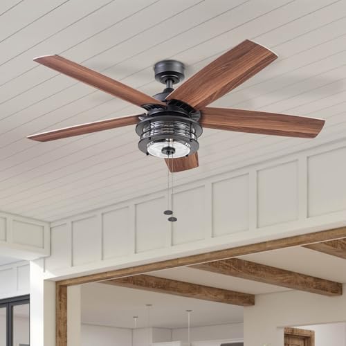 Honeywell Ceiling Fans Foxhaven Farmhouse 52 Inch Ceiling Fan with Light, Outdoor Fan/Indoor Dual-Mount LED Ceiling Fan, 5 Blades, Gray Cedar and Walnut Blade Finish Options, Matte Black (51631-01) Honeywell Ceiling Fans