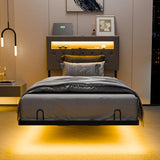 VINGLI Twin Floating Bed Frame with Upholstered Headboard,Charging Station/LED Lights, Modern Platform Bed,Heavy Duty Metal Bed Frame,Adjustable Headboard, No Box Spring Needed, Easy Assembly,Grey VINGLI