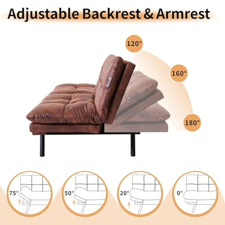 MUUEGM 71" Convertible Futon Sofa Bed, Adjustable Backrest & Armrest Couch, Comfortable Sleeper Loveseat with Faux Leather, Ideal for Small Space Living Room, Apartment, Office, Brown MUUEGM