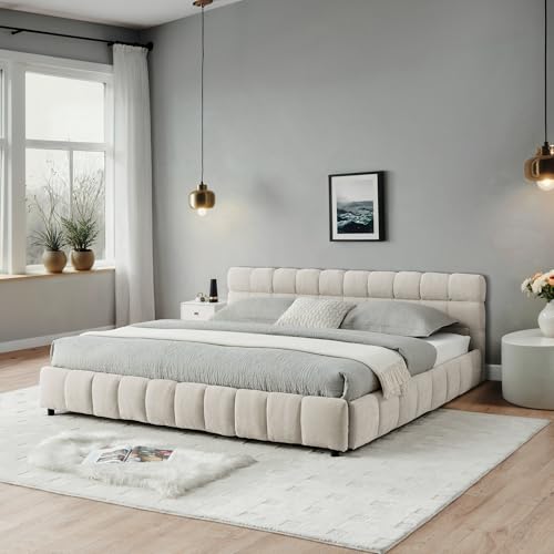 California King Cloud Bed Frame with Storage Drawers, Soft Padded Headboard Tufed Upholstered Low to Ground Floor Bed Marshmallow Bubble with Wood Slats No Box Spring Need, Noise-free(Beige Chenille) Deolme