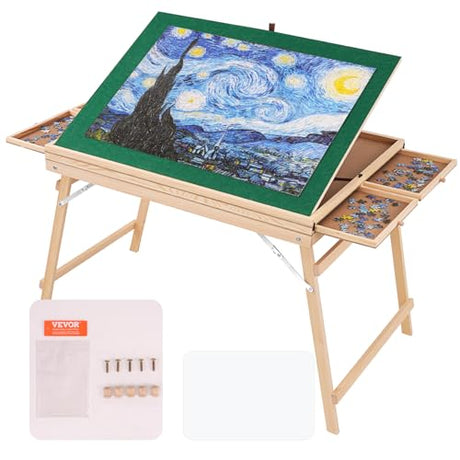 VEVOR 1500 Piece Puzzle Table with Folding Legs, 4 Drawers and Cover, 32.7"x24.6" Wooden Jigsaw Puzzle Plateau, Adjustable 3-Tilting-Angle Puzzle Board, Puzzle Storage System for Adults, Gift for Mom VEVOR