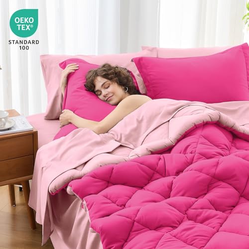MUXHOMO 7 Pieces Full Comforter Set, Reversible Bed in a Bag Full Size, All Season Bedding Set with Comforter, Flat Sheet, Fitted Sheet, Pillowcases & Shams, Hot Pink & Baby Pink MUXHOMO