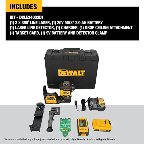 DEWALT 12V/20V MAX XR Line Laser, High Precision 3 X 360, Green, Battery and Charger Included (DCLE34033D1) - WoodArtSupply