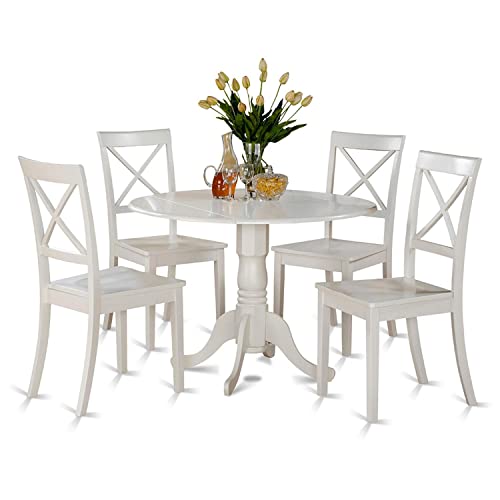 East West Furniture DLBO5-WHI-W 5 Piece Kitchen Table Set for 4 Includes a Round Dining Room Table with Dropleaf and 4 Solid Wood Seat Chairs, 42x42 Inch, Linen White East West Furniture