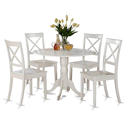 East West Furniture DLBO5-WHI-W 5 Piece Kitchen Table Set for 4 Includes a Round Dining Room Table with Dropleaf and 4 Solid Wood Seat Chairs, 42x42 Inch, Linen White - WoodArtSupply