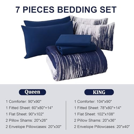 Dinjoy Ombre Blue Comforter Set King Size Gradient Navy Blue White Boho Bedding Set for Teen Men Women 7 Pieces Bed in A Bag Bohemian Bed Set with Comforter, Sheets, Pillowcases & Shams Dinjoy
