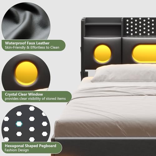 Dnxao California King Bed Frames with Hidden Storage Headboard, Modern Floating Bed Frame with LED Lights & Charging Station (USB-C), Recessed Non-Slip Platform Bed No Box Spring Needed, PU Black Dnxao