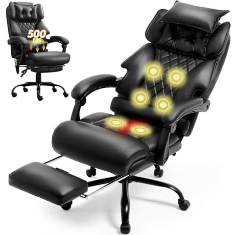 Massage Office Chair with Foot Rest,6 Points Vibration & Heat Executive Office Chairs,Big and Tall Leather Office Chair 500LBS,Ergonomic Desk Chair for Heavy People,Recliner with Dual-Use Pillow,Black BLISNEST