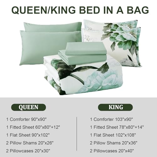 Dobuyly Green Queen Comforter Set 7 Piece Bed in a Bag Queen, Sage Green Floral Printed Comforter Set with Sheets, Soft Microfiber Botanical Flower Complete Bedding Set for All Season Dobuyly