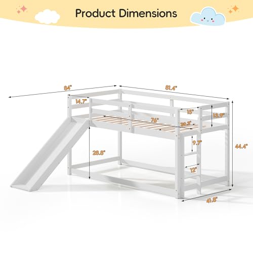 Callales Twin Bunk Bed with Slide, Solid Pine Wood Loft Bed Frame for Kids, Toddlers, Floor Loft Low Bunk Bed Twin Over Twin with Ladders, Safety Guardrails, Storage Space, Bedroom (White) Callales