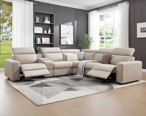 AMERLIFE Power Recliner Sectional Sofa with Storage/USB Port, Leather Recliner Sofa with Adjustable Headrest, Reclining Sectional Couches with Console and Cup Holder for Living Room (Beige Brown)