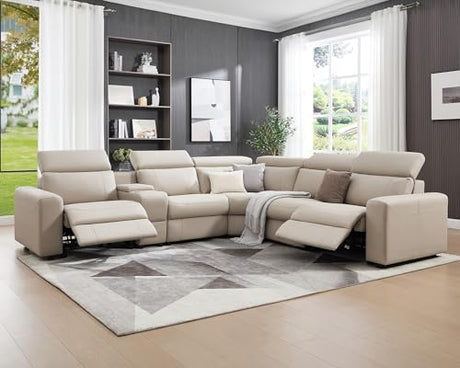 AMERLIFE Power Recliner Sectional Sofa with Storage/USB Port, Leather Recliner Sofa with Adjustable Headrest, Reclining Sectional Couches with Console and Cup Holder for Living Room (Beige Brown) AMERLIFE