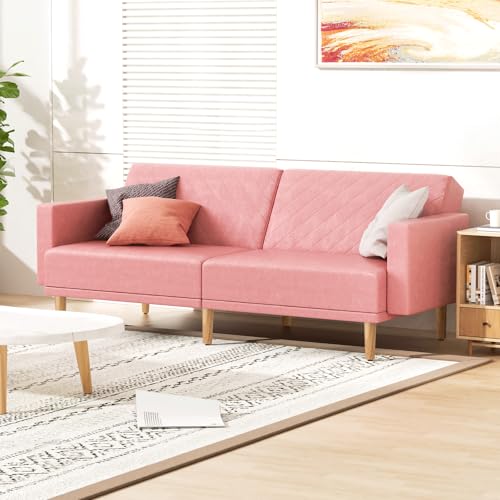 MoNiBloom 75 Inch Convertible Couch Sofa Bed, Reclining Futon Sleeper with Cloud Cushion & Ergonomics Armrest, 3 Seater Upholstered Couch, Comfy Reclining Sofa Bed for Living Room, Bedroom, Pink MoNiBloom