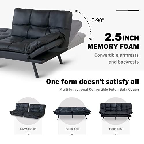 Hcore Convertible Futon Sofa Bed,Black Leather Memory Foam Loveseat Futons Sofa Couch,Small Euro Lounger Sofa for Compact Living Spaces,Apartment,Dorm,Studio,Guest Room,Home Office/Dark Black Leather Hcore