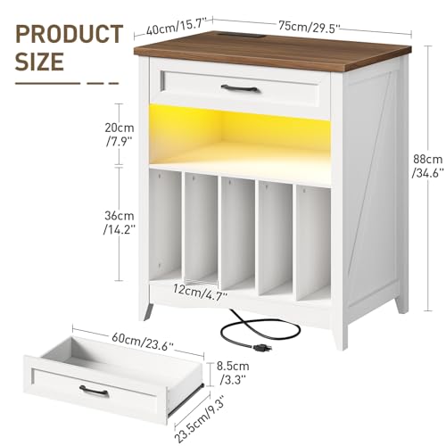 RALGEND Large Record Player Stand with Charging Station, Vinyl Record Storage Cabinet with Drawer and LED, Turntable Display Table for Living Room, Books, Rustic White and Walnut RALGEND