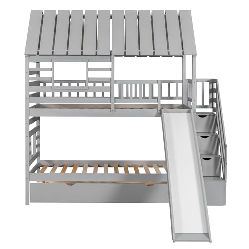 Harper & Bright Designs Twin Over Twin Wood Bunk Bed with Trundle and Staircase, Solid Wood Bunk Bed Frame with Storage, Playhouse Bunk Bed with Roof and Window for Kids, Gray Harper & Bright Designs