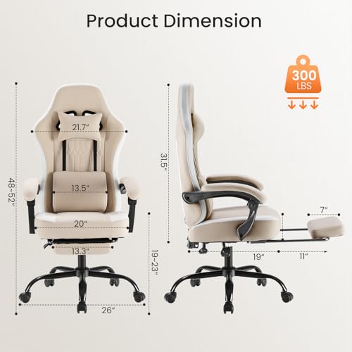 Sweetcrispy Computer Gaming Chair - High Back Ergonomic Desk Chair with Footrest and Lumbar Support, Height Adjustable Task Chair with Linkage Armrests and Headrest, 360° Swivel Wheels, Khaki Sweetcrispy