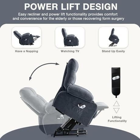 Power Lift Recliner Chair for Elderly, Electric Massage Recliner with Lumbar Heat, Fabric Single Sofa with 2 Cup Holders, USB Ports & Side Pockets, Infinite Position Motorized Chair for Living Room PoteSoar