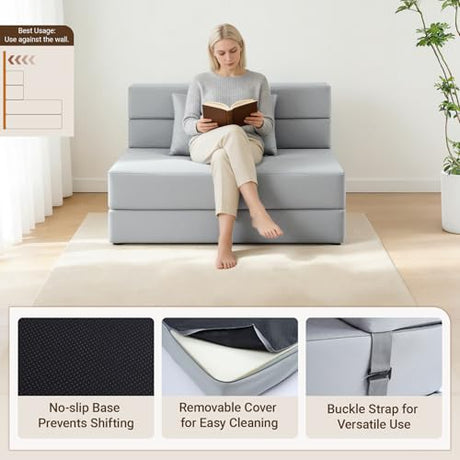 BeBen Folding Sofa Bed, Boneless Foldable Chair Bed, Convertible Futon Sleeper Chair Couch, Twin Lazy Floor Lounger Sofa Couch for Small Spaces, Dorm, Guest Room, Living Room, Apartment, Grey BeBen