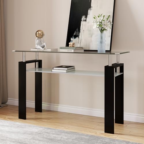 AMHDDT 47" 2-Tier Console Table with Tempered Glass Top and MDF Frame, Modern Black Rectangular Glass Entryway Table for Living Room, Apartment, Office, Easy to Assemble AMHDDT