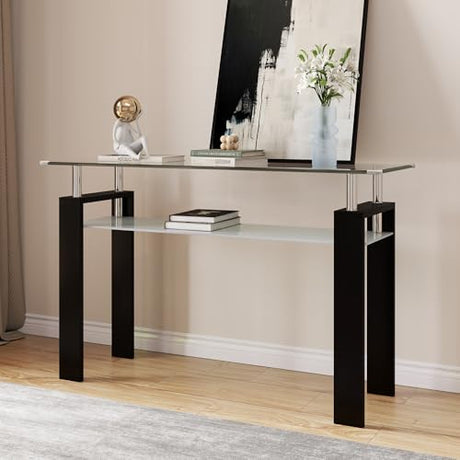AMHDDT 47" 2-Tier Console Table with Tempered Glass Top and MDF Frame, Modern Black Rectangular Glass Entryway Table for Living Room, Apartment, Office, Easy to Assemble AMHDDT