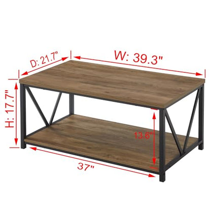 FOLUBAN Rustic Coffee Table with Storage Shelf, Vintage Wood and Metal Cocktail Table for Living Room, Oak - WoodArtSupply