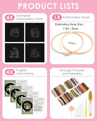 TINDTOP 4 Pack Embroidery Kit for Adult, Embroidery DIY Starter Kit, with Stamped Patterns, Hoop, Tools, Colorful Threads with Needles, Instructions TINDTOP