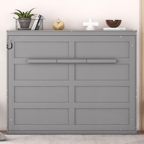 Merax Modern Murphy Cabinet Bed, Solid Wood Wall Platform Bed/No Box Spring Needed/Easy Assemble/Full,Gray Merax