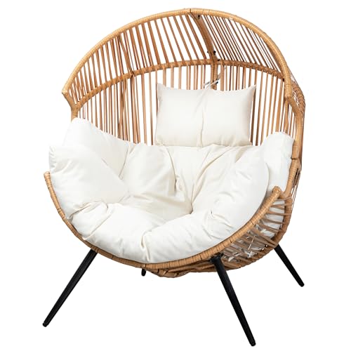 Vongrasig Comfy Wicker Egg Chair, Soft Thick Cushion Rattan Lounge Chair, High Capacity Steel Frame, Reading Chair for Living Room, Bedroom, Dorm Rooms (Beige) Vongrasig